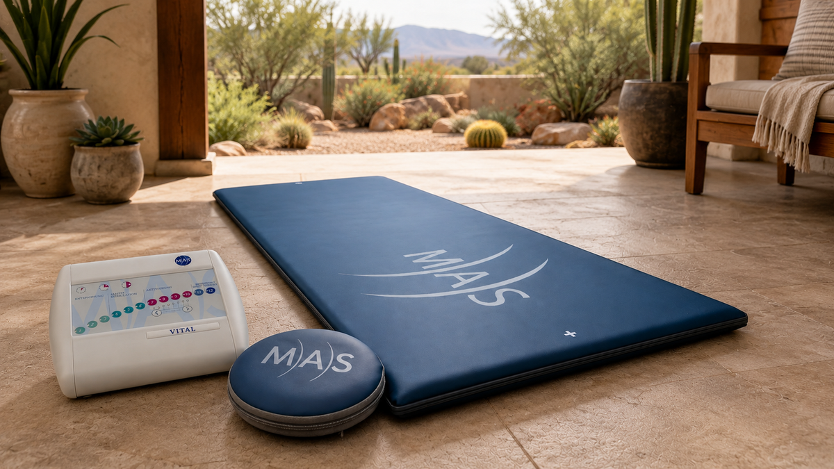 MAS analog PEMF full-body mat system with controller and pillow applicator in luxury home wellness environment with desert-inspired outdoor setting