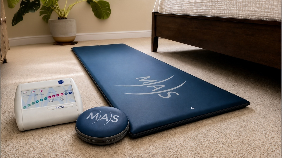 MAS analog PEMF full-body therapy mat with Vital controller and round applicator displayed in modern bedroom wellness environment