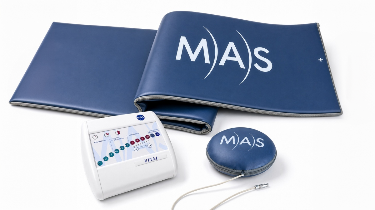 Complete MAS analog PEMF system including folded full-body therapy mat, Vital controller, and round targeted applicator pad