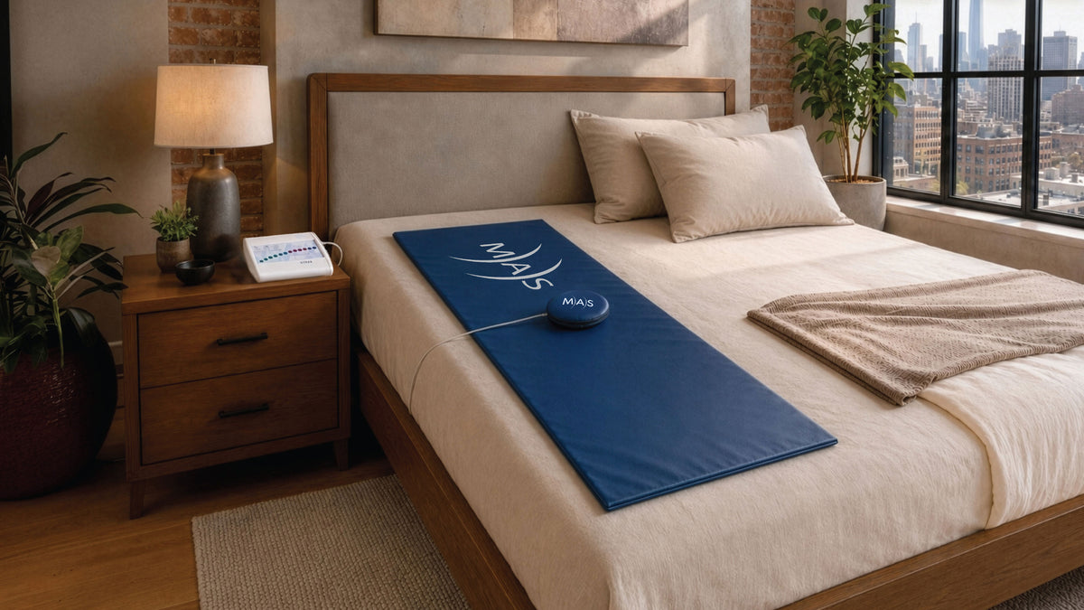 MAS analog PEMF full-body mat system arranged on bedroom bed for home wellness, relaxation, and recovery environment use