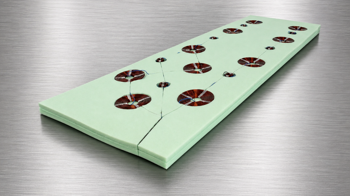 Internal copper coil layout inside MAS analog PEMF full-body mat showing electromagnetic field distribution design and waveform architecture