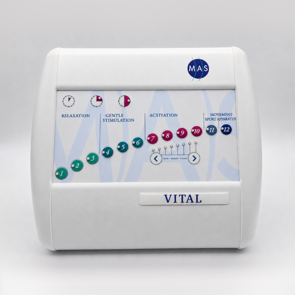 Front-facing MAS Vital analog PEMF controller displaying relaxation, stimulation, activation, and sport recovery program settings