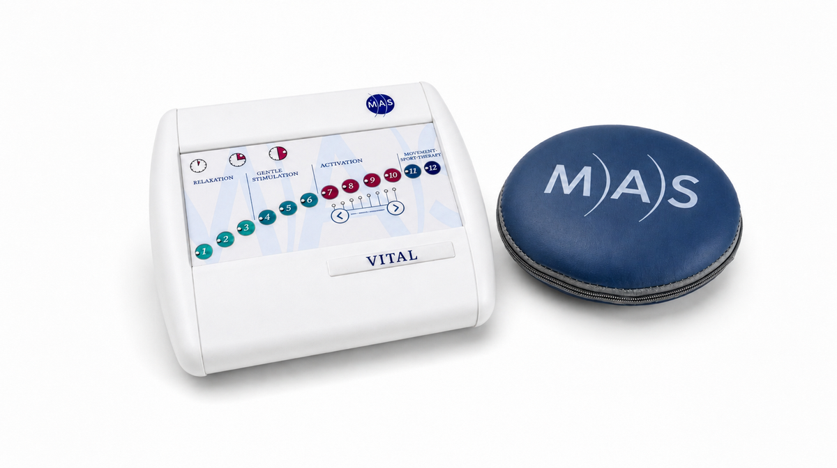 MAS Vital analog PEMF controller with targeted pillow applicator displayed on white studio background for waveform therapy system overview