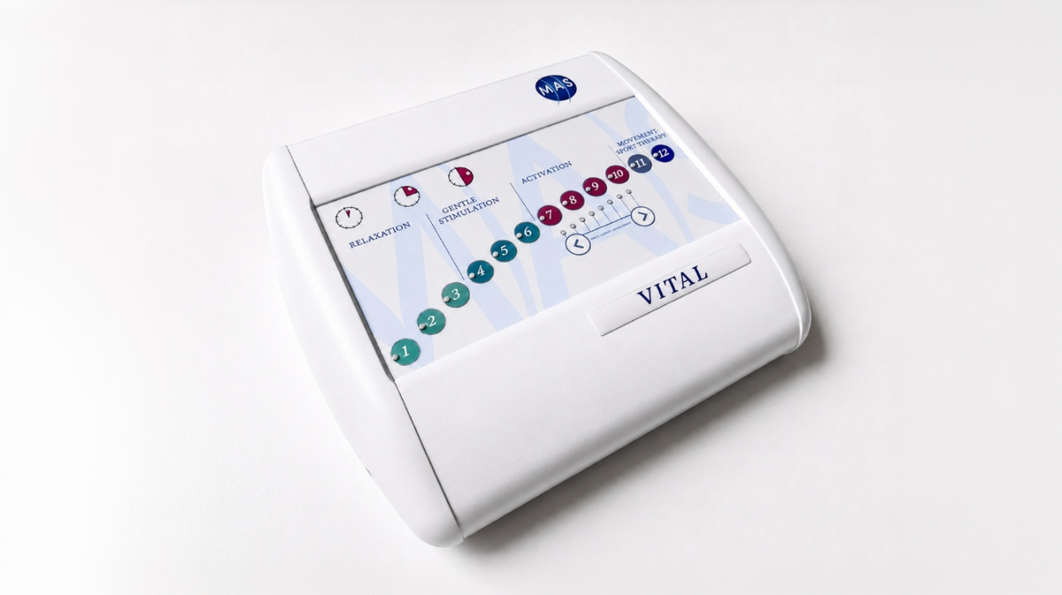Angled studio product image of MAS Vital analog PEMF controller with relaxation, stimulation, and activation therapy settings