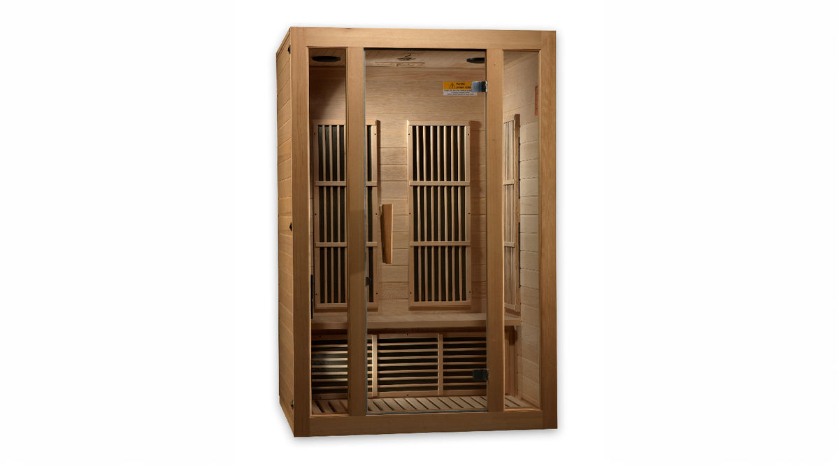 Maxxus Seattle Near Zero EMF 2 person infrared sauna front view highlighting interior seating and far infrared heating panels