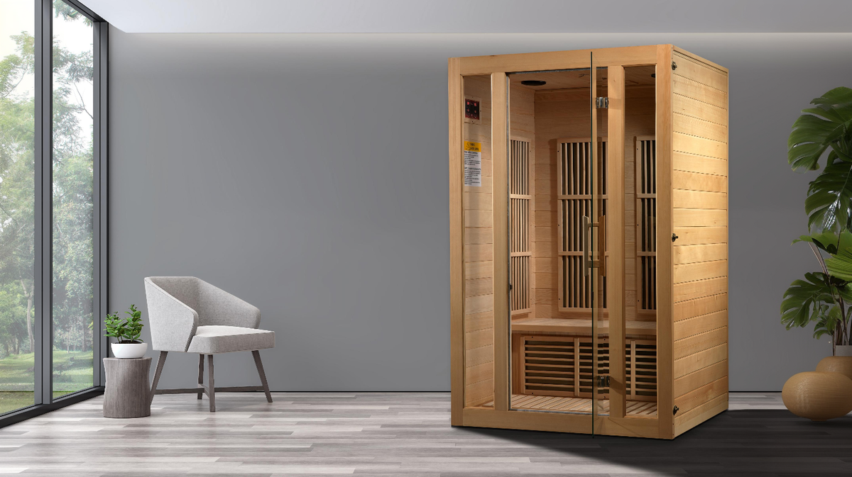 Maxxus Seattle Near Zero EMF 2 person infrared sauna placed in modern home interior with natural light and minimalist furniture