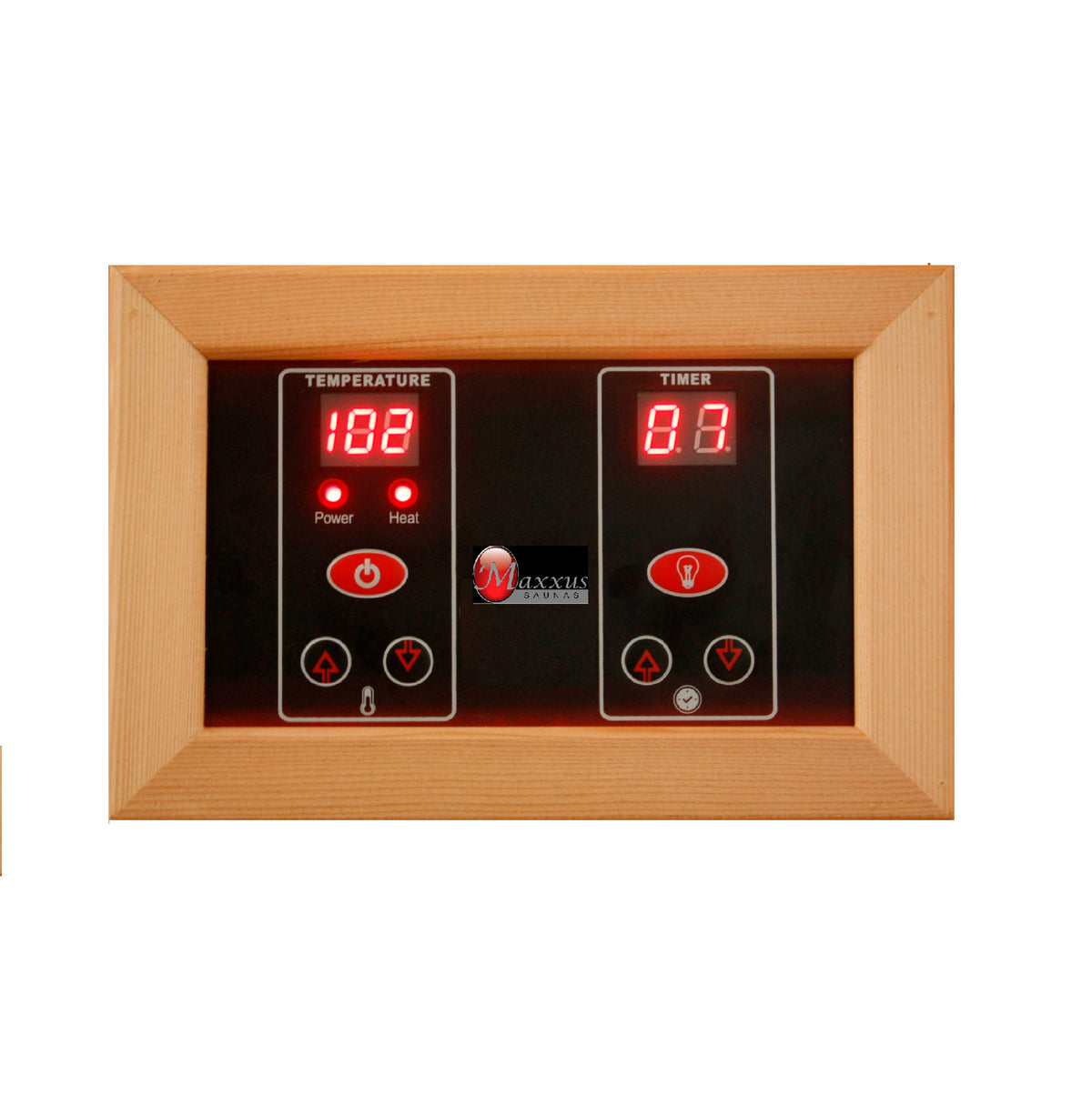 Maxxus Seattle Near Zero EMF infrared sauna LED control panel displaying temperature and timer settings inside sauna interior