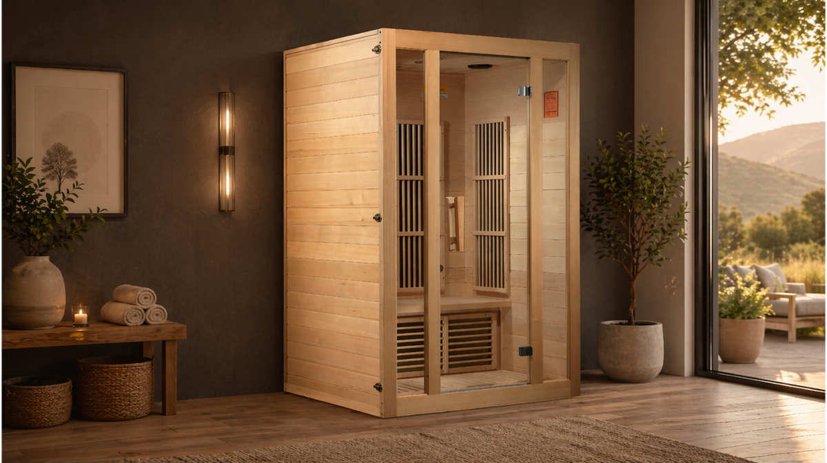 Maxxus Seattle Near Zero EMF 2 person infrared sauna installed in home wellness space with wood flooring and natural lighting