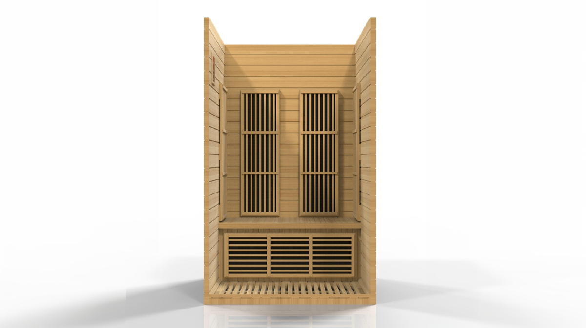 Maxxus Seattle Near Zero EMF infrared sauna interior showing full heating panel layout and seating bench configuration