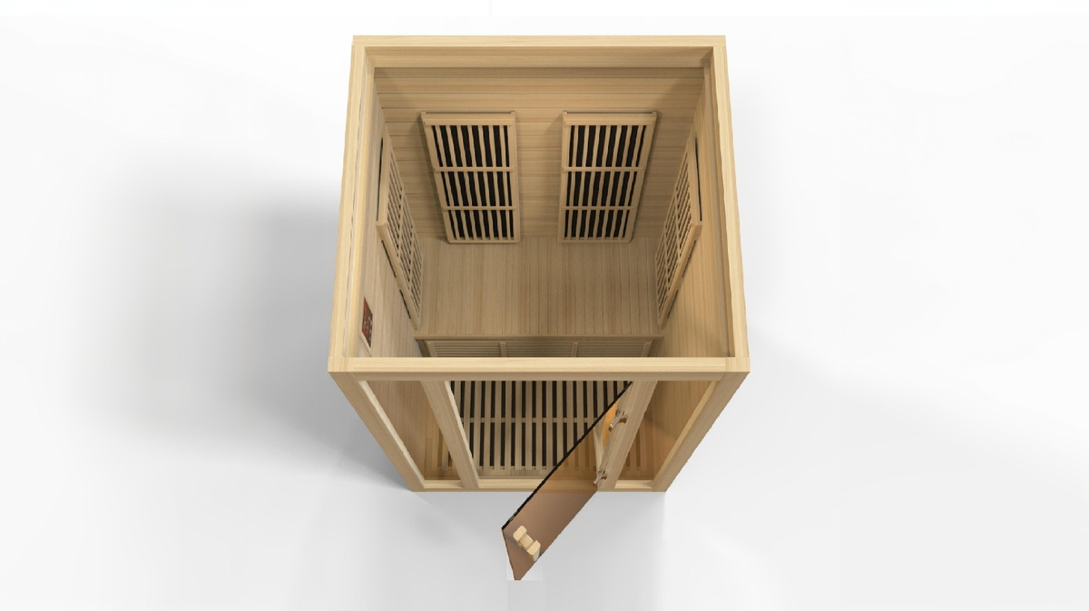 Maxxus Seattle Near Zero EMF infrared sauna top-down view showing interior seating layout and carbon heating panel placement