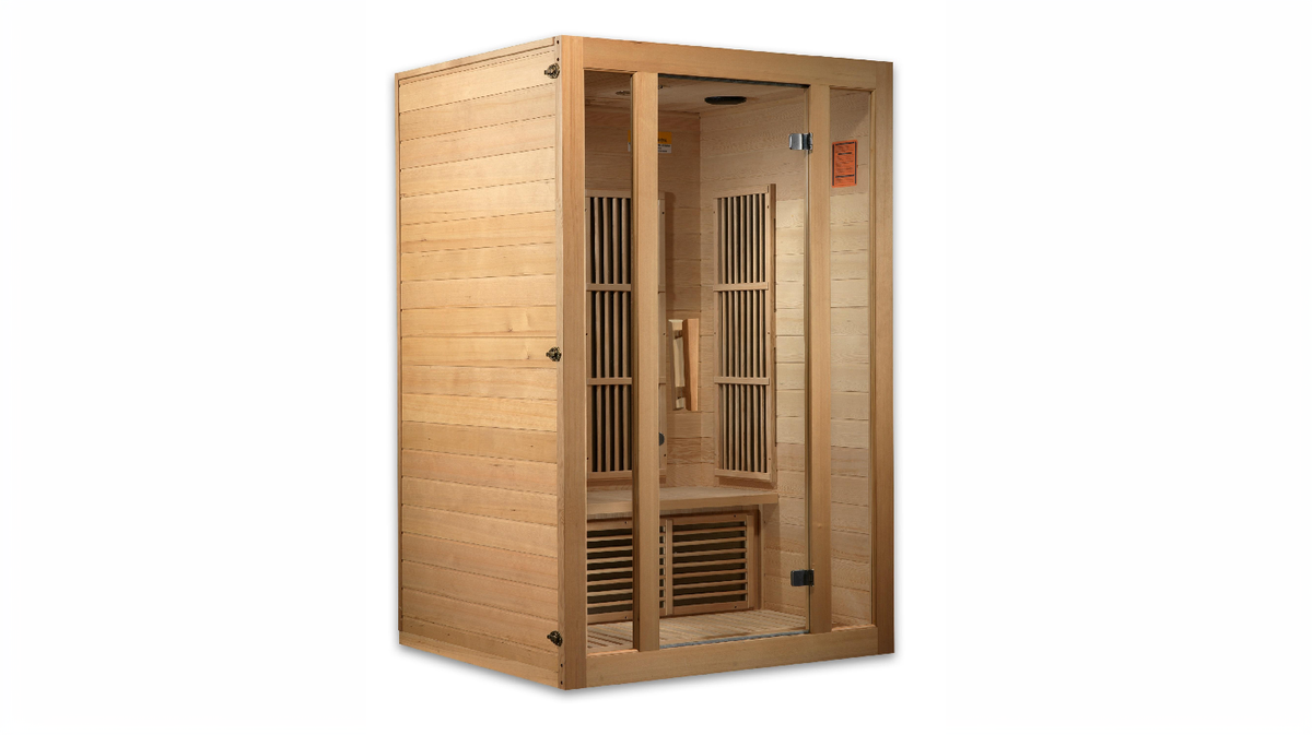 Maxxus Seattle low EMF 2 person infrared sauna shown from front angle with glass door and interior heating panels visible
