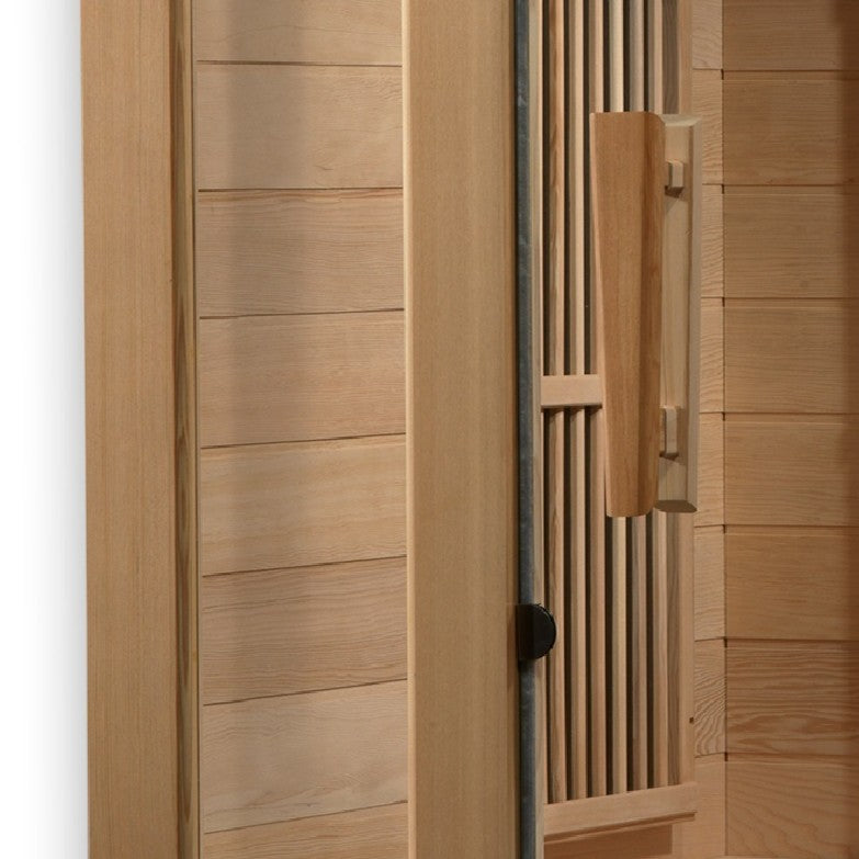Maxxus Seattle low EMF 2 person infrared sauna front view and close up of door handle and far infrared heating panels