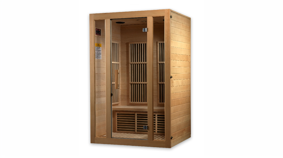 Maxxus Seattle low EMF infrared sauna angled view showing exterior wood construction and interior heating panel system