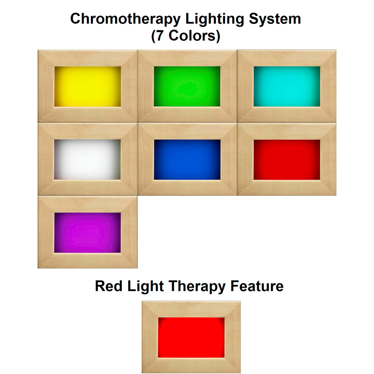 Maxxus Seattle low EMF infrared sauna chromotherapy lighting system showing seven color options with integrated red light therapy feature