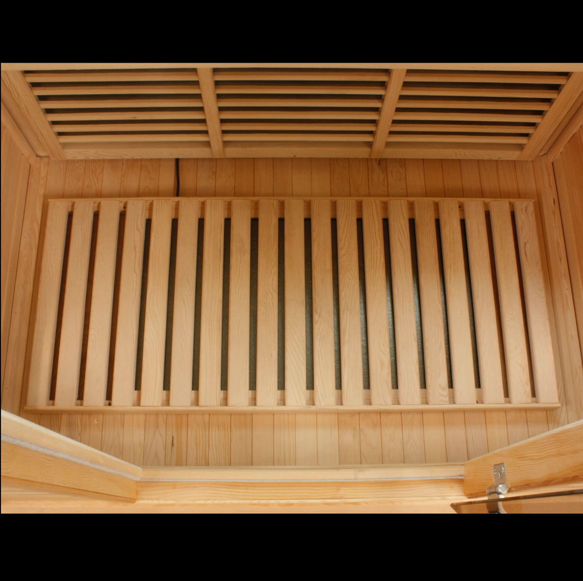 Maxxus Toulouse 2 person infrared sauna interior ceiling heater panels showing far infrared carbon heating system inside hemlock wood cabin