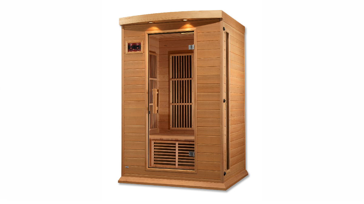 Maxxus Toulouse 2 person infrared sauna full exterior front view showing tempered glass door and hemlock wood cabin design for indoor use