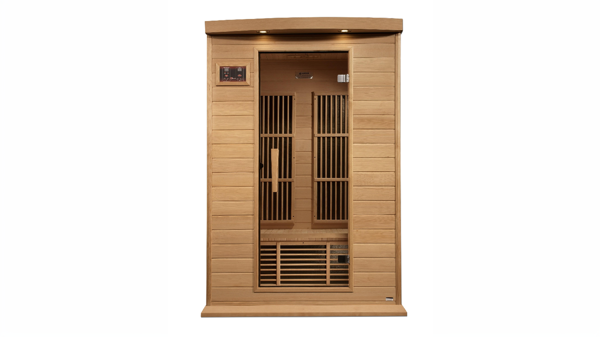 Maxxus Toulouse 2 person infrared sauna front view showing tempered glass door and interior heater panels in hemlock wood cabin