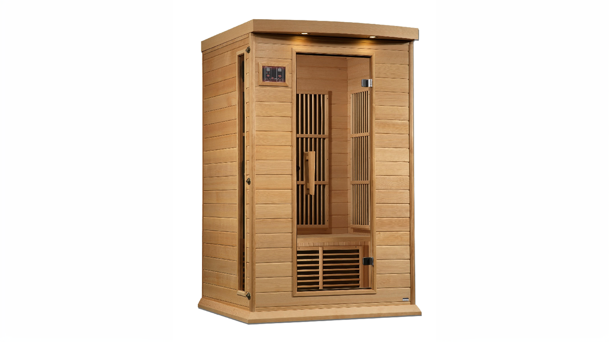 Maxxus Toulouse 2 person infrared sauna full exterior front view showing tempered glass door and hemlock wood cabin design for indoor use