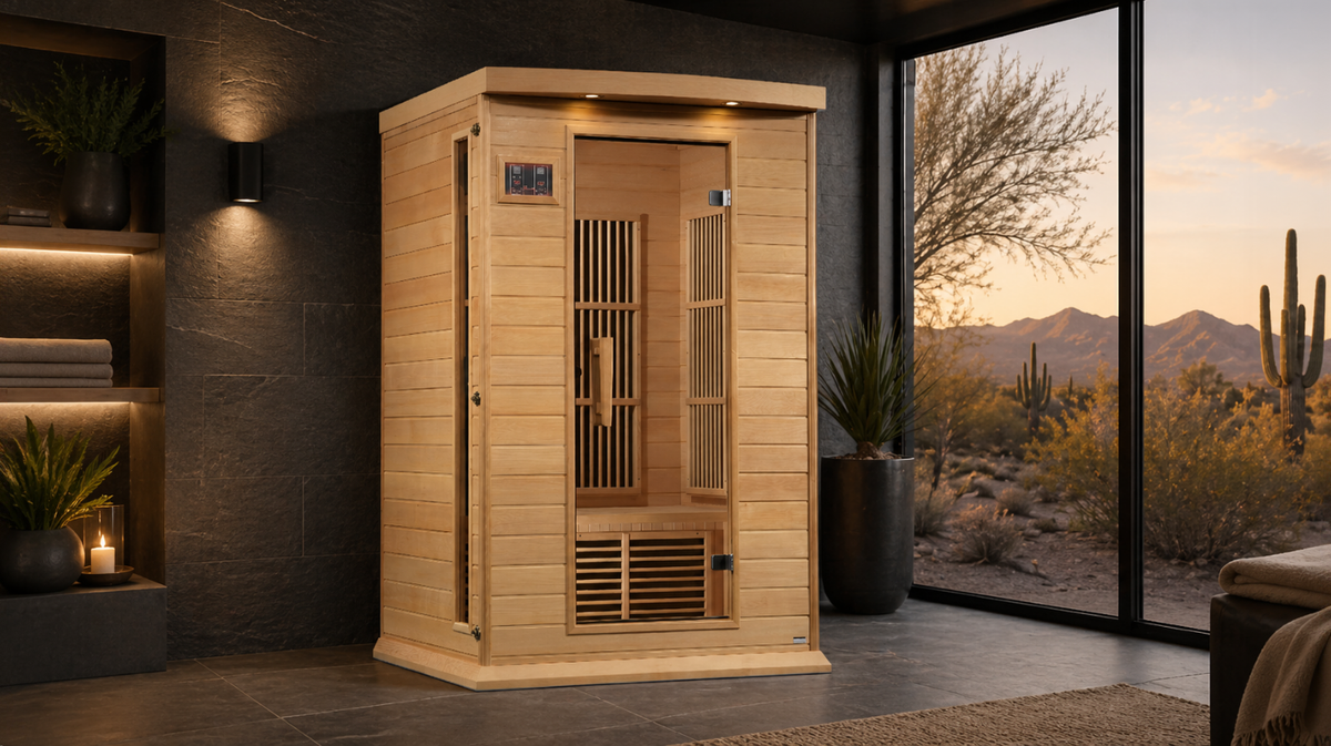 Maxxus Toulouse 2 person infrared sauna placed in modern home spa setting with desert landscape view through large window and indoor wellness environment