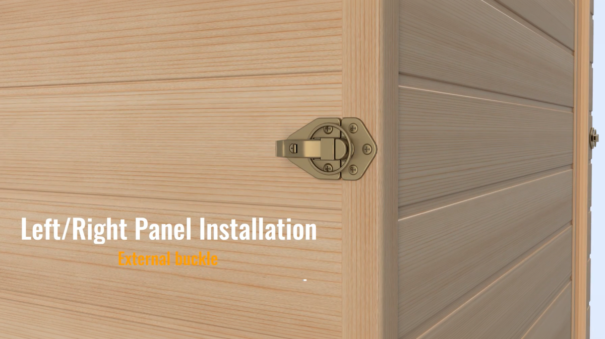 Maxxus Toulouse infrared sauna clasp together panel latch detail showing external buckle assembly system for secure panel connection