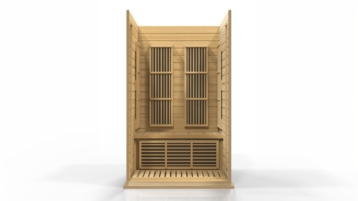 Maxxus Toulouse infrared sauna front interior view showing full body heater panel layout with bench and lower heating system configuration