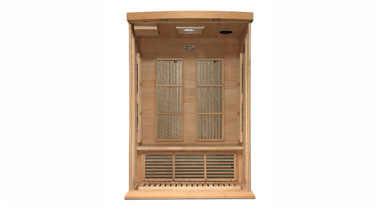 Maxxus Toulouse infrared sauna interior showing full body carbon heater panels and bench seating configuration for indoor sauna sessions