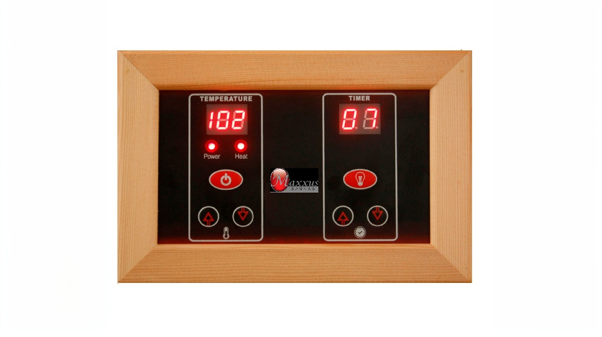 Maxxus Toulouse infrared sauna LED control panel showing temperature and timer settings interface for indoor far infrared sauna operation