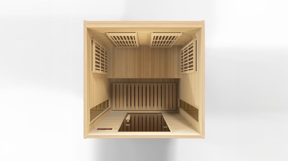 Maxxus Toulouse infrared sauna overhead interior layout showing ceiling, wall, and lower heater panel distribution for full body infrared heat coverage