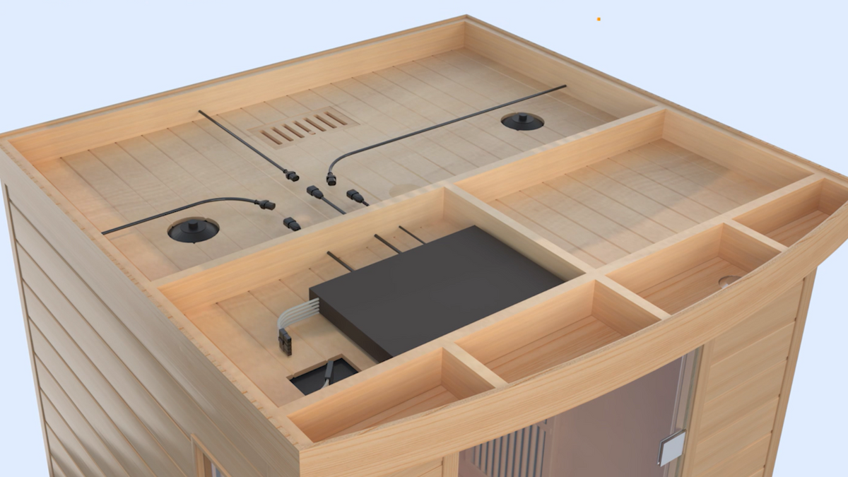 Maxxus Toulouse infrared sauna roof interior showing wiring layout, LED lighting system, and internal component placement within cabin structure