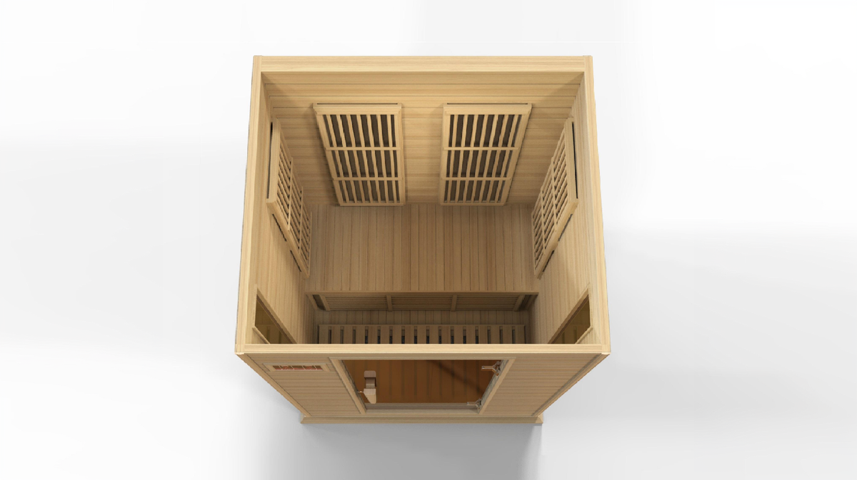 Maxxus Toulouse infrared sauna top down interior view showing bench seating and far infrared heater panel placement inside hemlock wood cabin