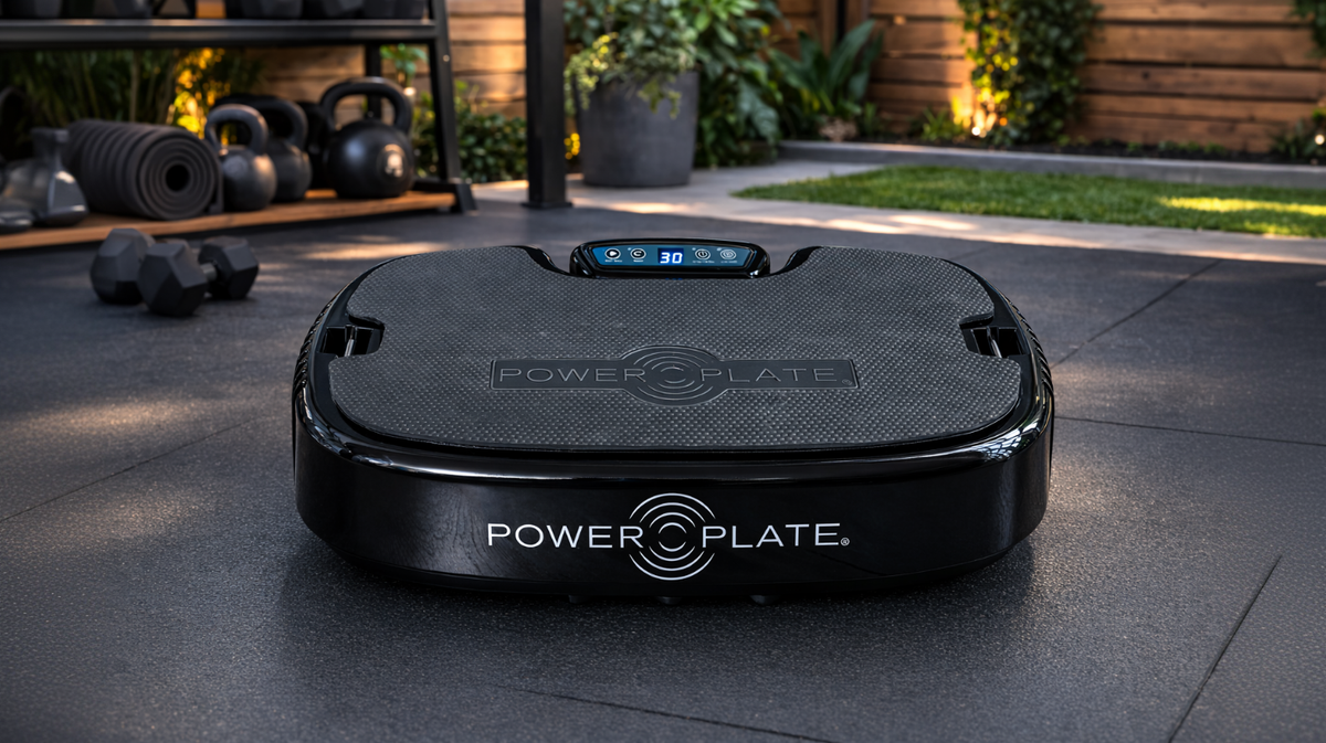 Personal Power Plate whole body vibration platform positioned in a home gym environment designed to support strength, balance, and mobility exercises.