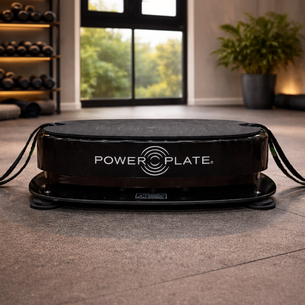 Personal Power Plate vibration trainer resting on the Personal Power Shield platform in a home gym setting illustrating how the vibration isolation base helps reduce vibration transfer during whole body vibration training sessions.