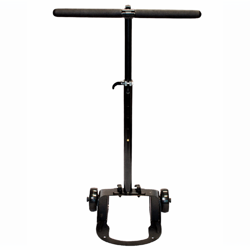 Personal Power Plate Stability Bar accessory with adjustable support handle and integrated transport wheels designed to provide balance support during whole body vibration training on the Personal Power Plate platform