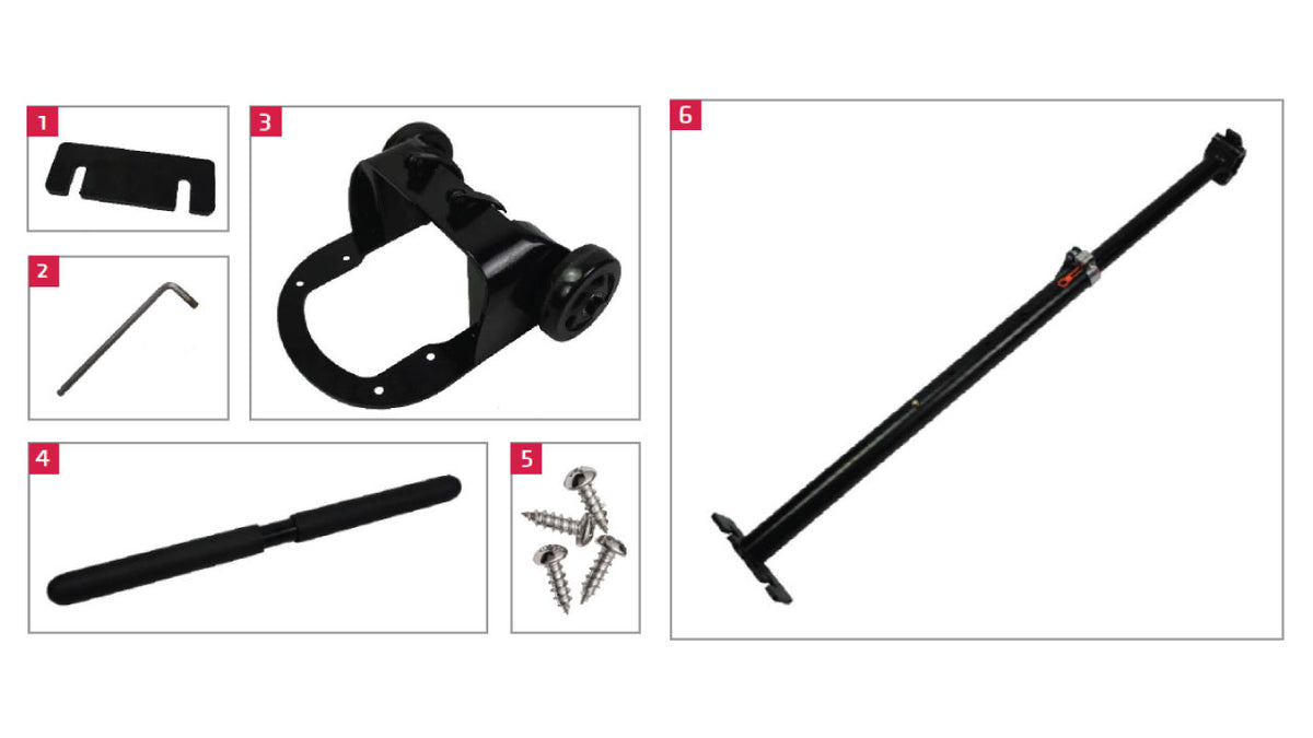 Personal Power Plate Stability Bar accessory kit components including mounting bracket assembly, adjustable support handle, installation hardware, and tools for attaching the bar to the Personal Power Plate vibration platform