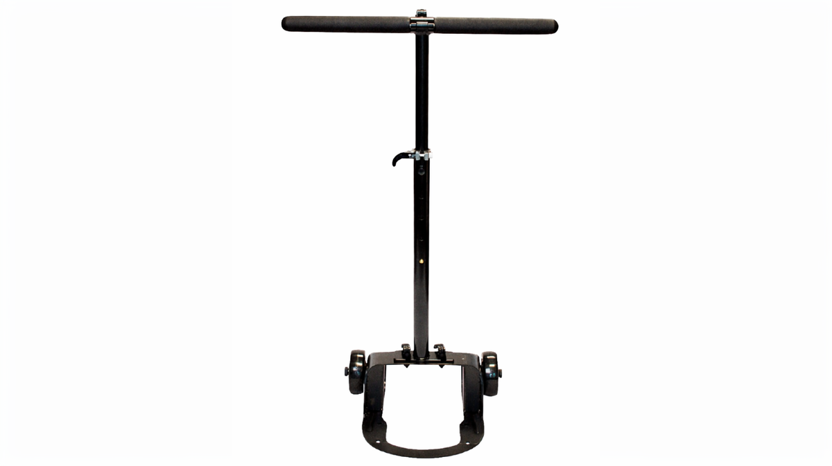 Personal Power Plate Stability Bar accessory with adjustable support handle and integrated transport wheels designed to provide balance support during whole body vibration training on the Personal Power Plate platform