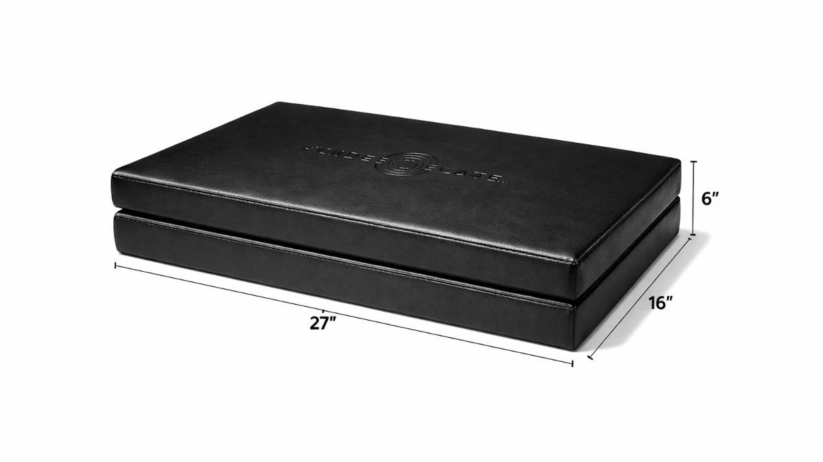 Power Plate Folding Support Cushion folded flat showing overall dimensions of 27 inches long, 16 inches wide, and 6 inches high, illustrating the supportive platform height used during Personal Power Plate recovery and massage positioning.