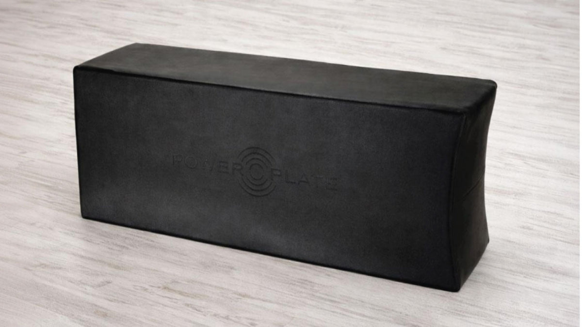 Power Plate Large Support Cushion vibration training accessory side profile with embossed Power Plate branding