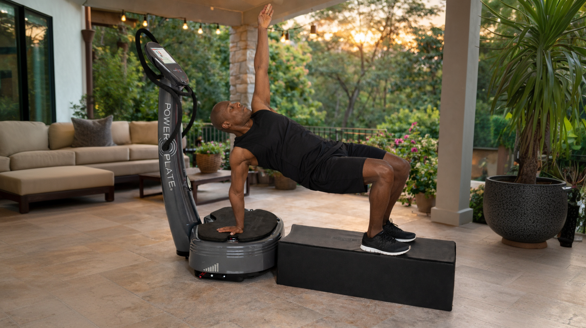 Power Plate Large Support Cushion vibration training accessory supporting lower body during exercise with Power Plate platform in home gym