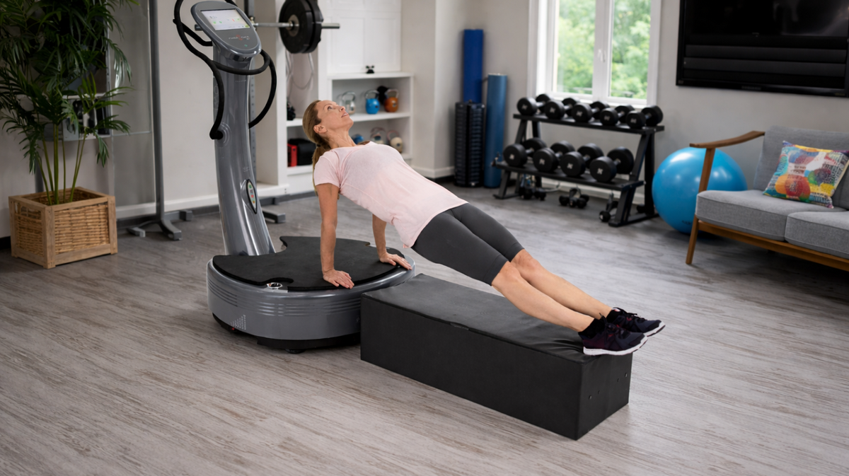 Power Plate Large Support Cushion vibration training accessory supporting feet during triceps position exercise with Power Plate platform