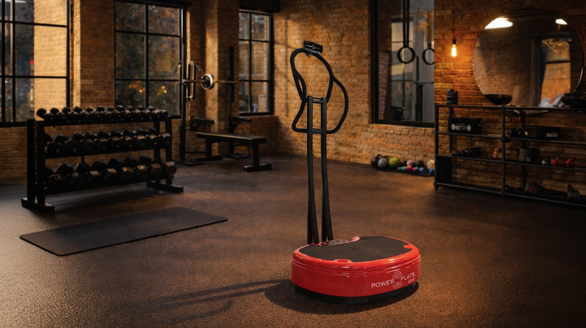 Power Plate MOVE stability bar mounted on vibration platform in a brick gym training environment