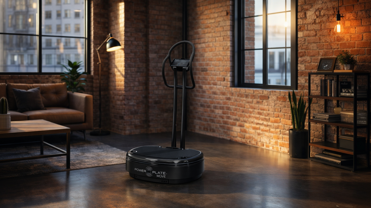 Power Plate MOVE stability bar mounted to vibration platform inside a modern brick loft home gym environment