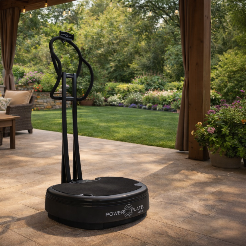 Power Plate MOVE stability bar installed on vibration platform positioned on a covered outdoor patio workout space