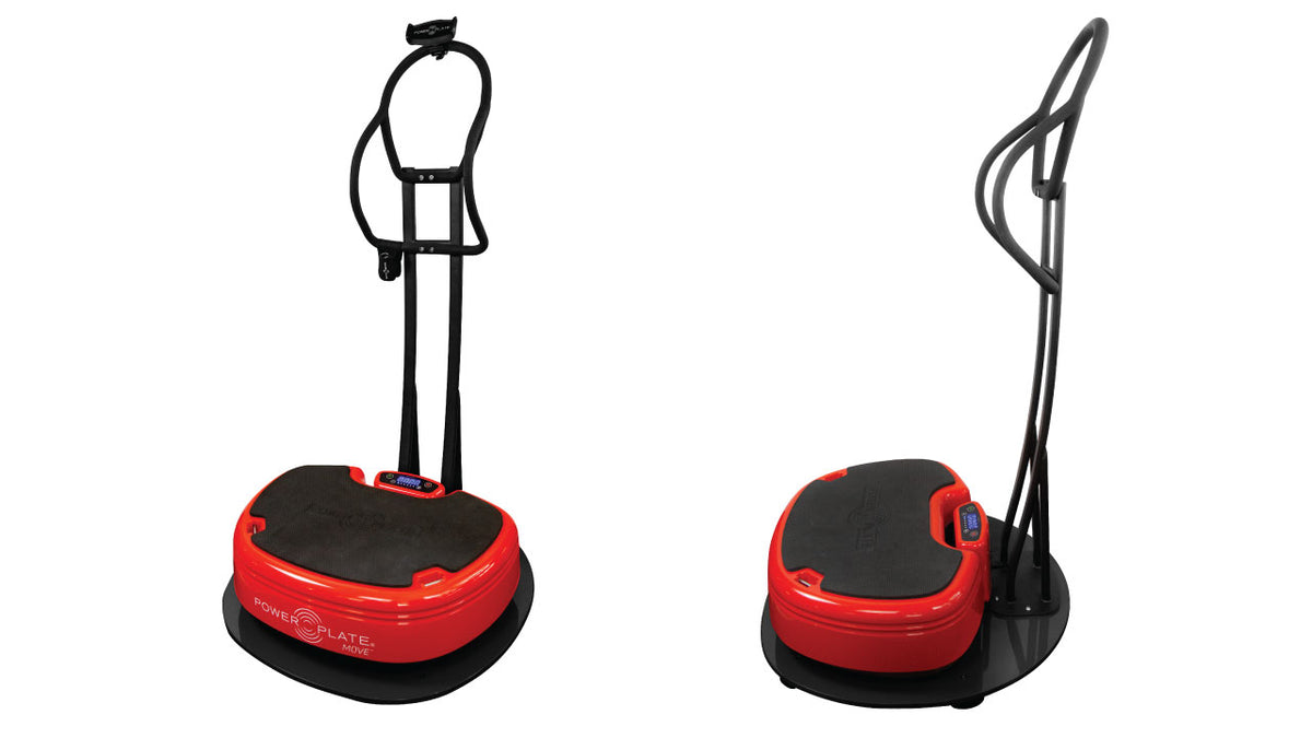 Power Plate MOVE vibration platform with Stability Bar and Shield installed showing the support handle attachment used for balance during vibration training.
