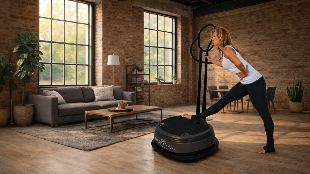 User performing a standing exercise on the Power Plate MOVE while holding the Stability Bar for balance support during vibration training.