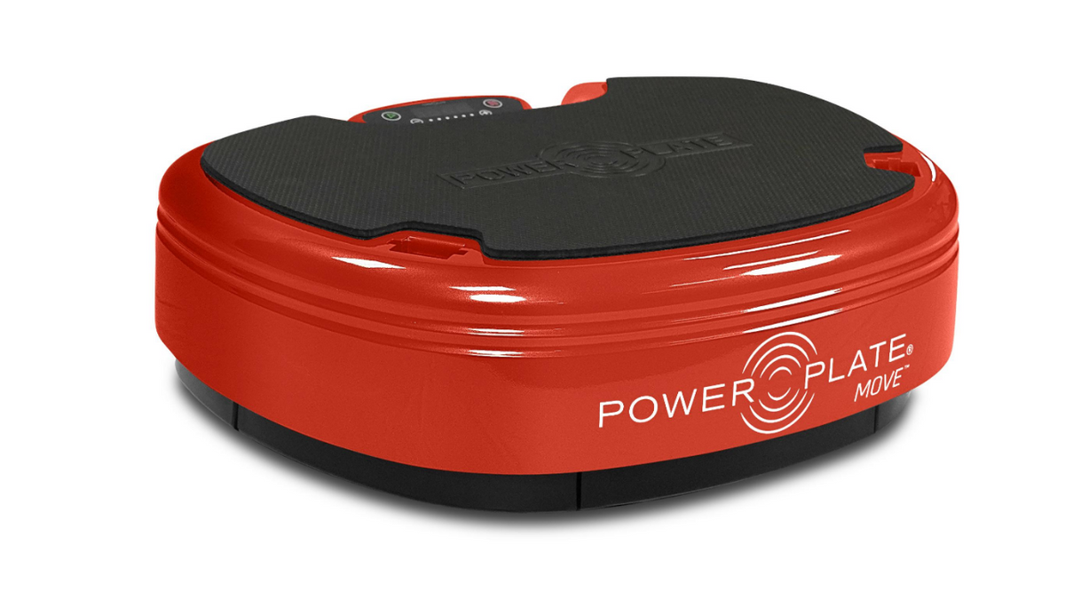 Power Plate MOVE whole body vibration platform shown in red with integrated control panel and stable training 