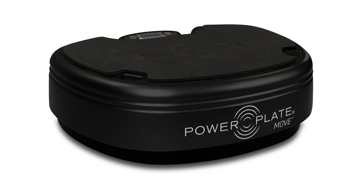 Power Plate MOVE whole body vibration platform shown in black with integrated control panel and stable training surface