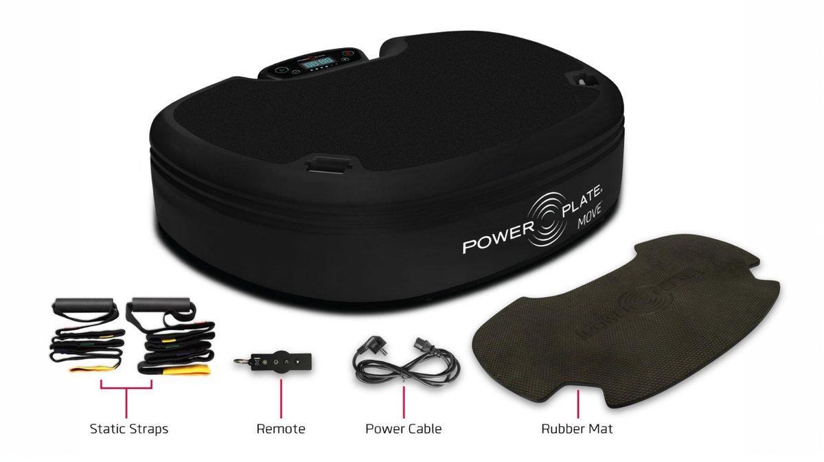 Power Plate MOVE whole body vibration platform with included static straps, remote control, power cable, and rubber mat