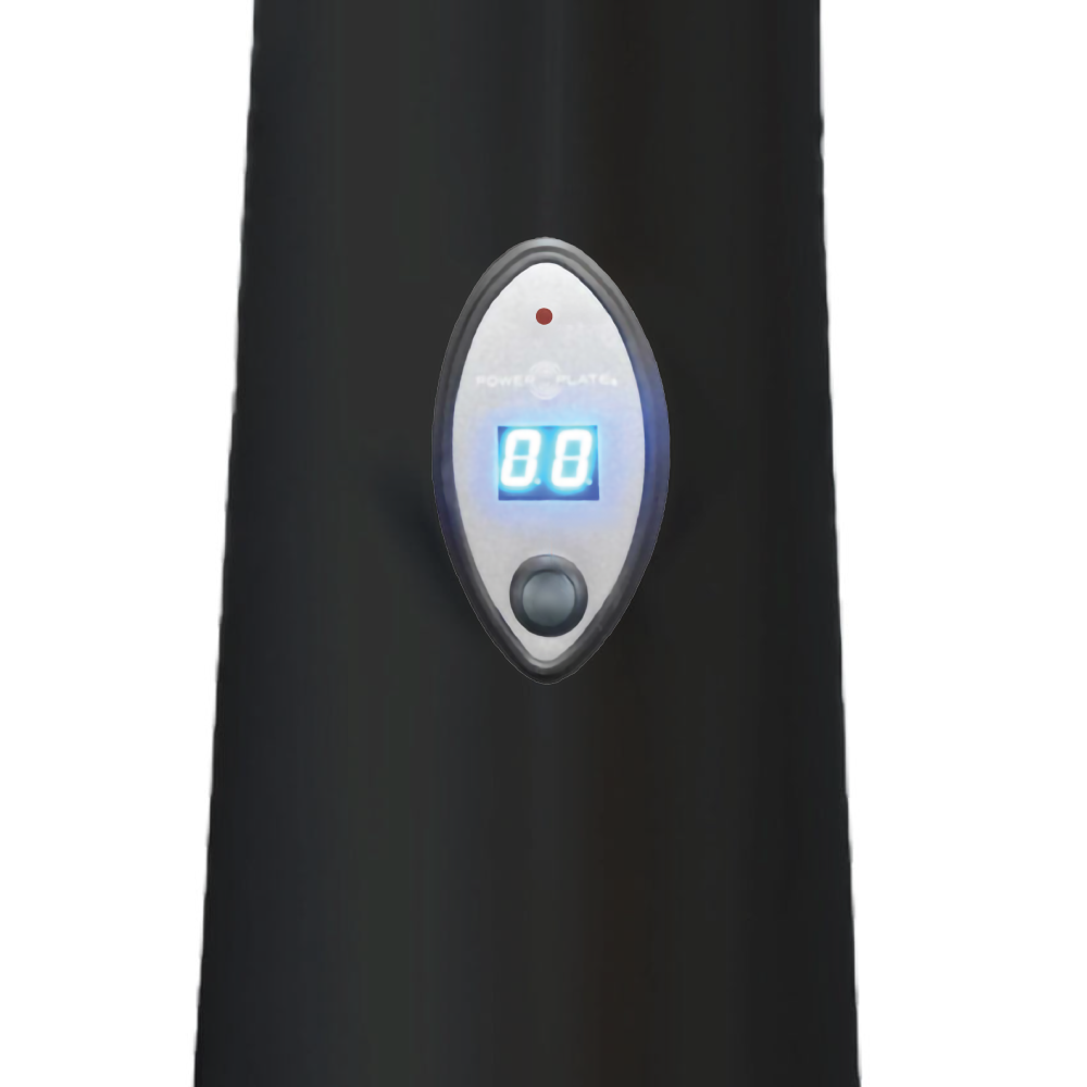 Power Plate my5 whole body vibration system lower control console close-up showing the digital display and repeat button.