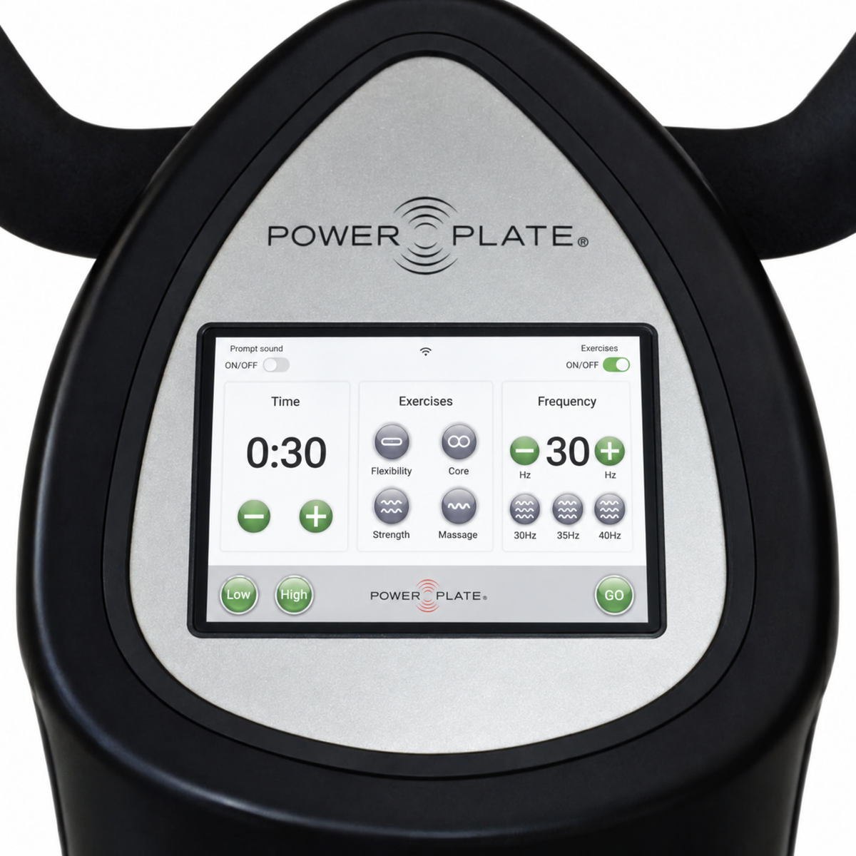Power Plate my5 whole body vibration system touchscreen console close-up showing time, exercise, amplitude, and frequency controls.