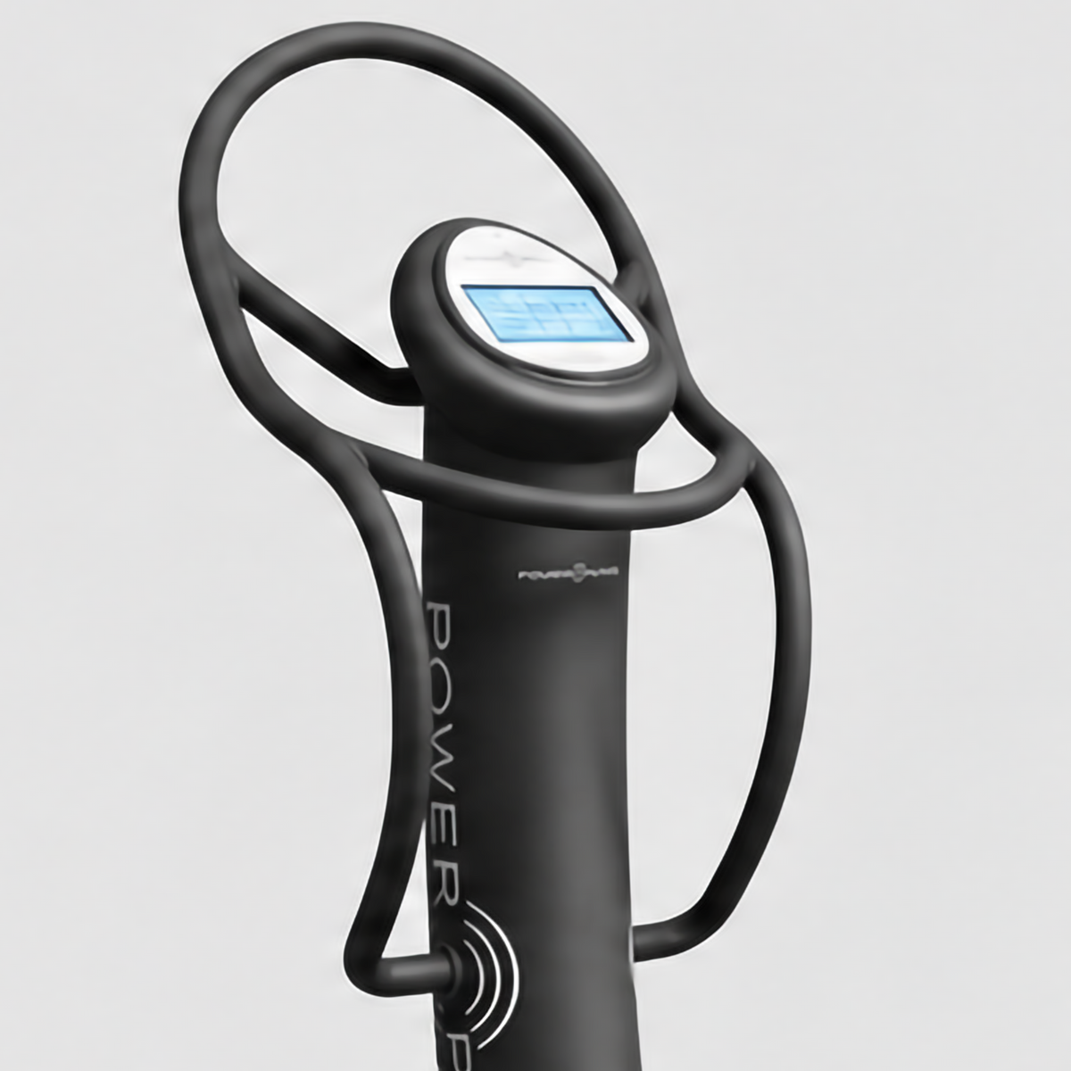 Power Plate my5 whole body vibration system upper console shown at an angled view with touchscreen display and integrated handrails.